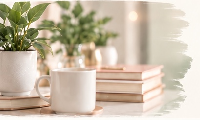 A calm workspace with a plant, coffee, and books