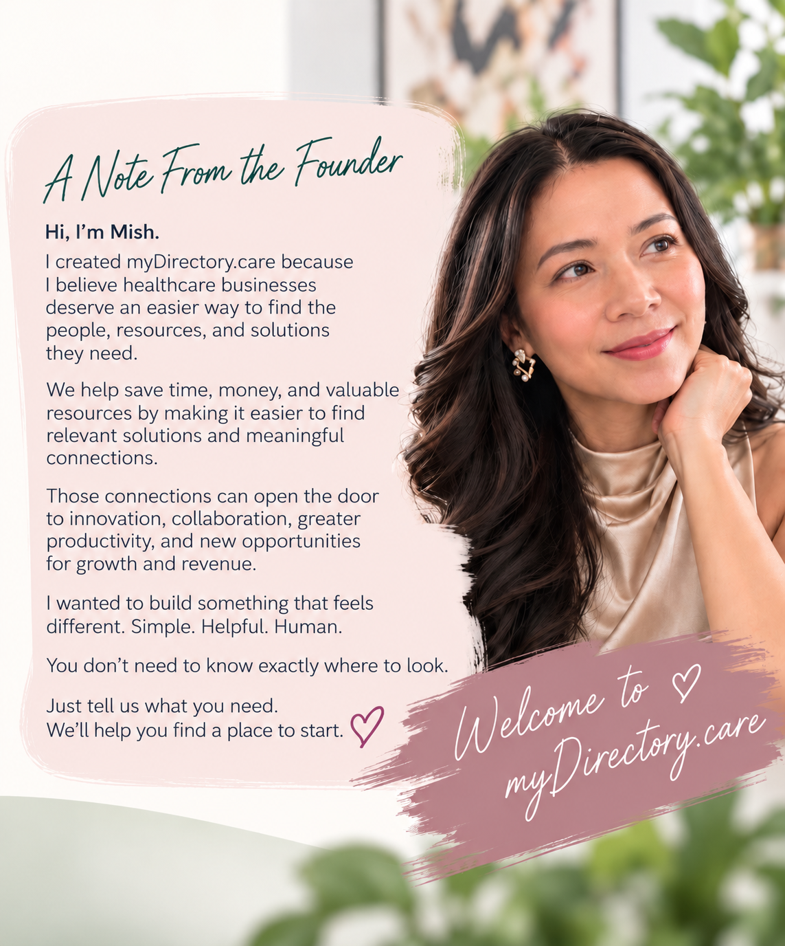 A note from founder Mish welcoming visitors to myDirectory.care
